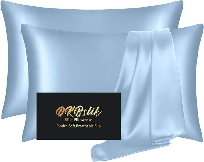 World-Class Silk Pillow Cases 2 Pack Mulberry Silk Pillowcases Standard Set of 2 Health Anti Acne Beauty Sleep Both Sides Natural Silk Satin Pillow Cases for Women 2 Pack with Zipper for Gift Haze Blue Premium