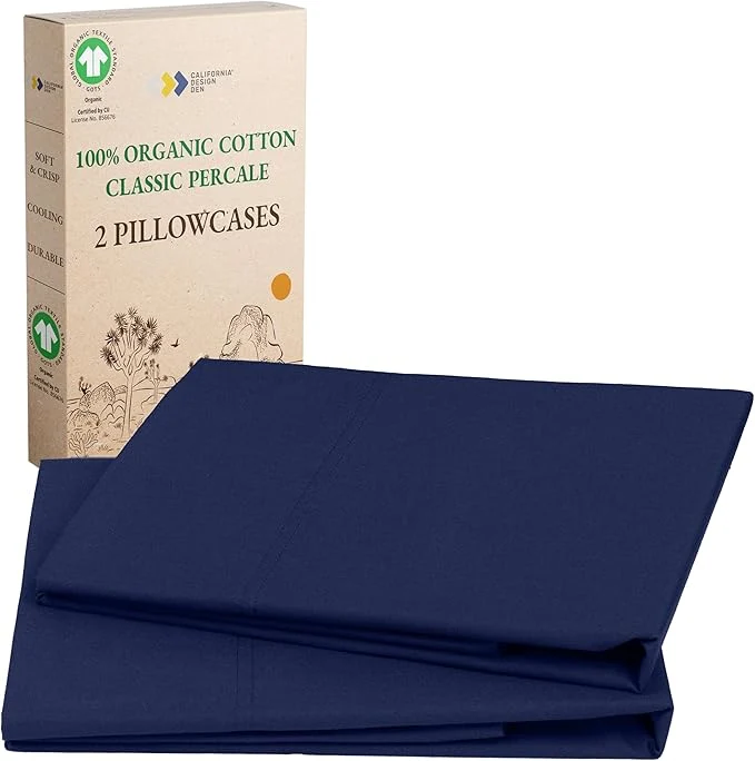 Professional California Design Den Organic Cotton Pillow Cases Standard Size Queen Size Set of 2 Soft amp Crisp Percale Weave Cotton Pillowcases Navy Eco-Friendly