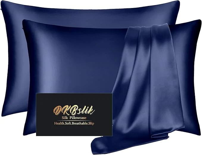 Premium Silk Pillowcase 2 Pack Mulberry Silk Pillow Cases Queen Size Set of 2 Anti Acne Silk Pillowcase for Hair and Skin Natural Silk Satin Pillowcases Gifts for Women Men 2 Pack with Zipper Navy Blue Specialty