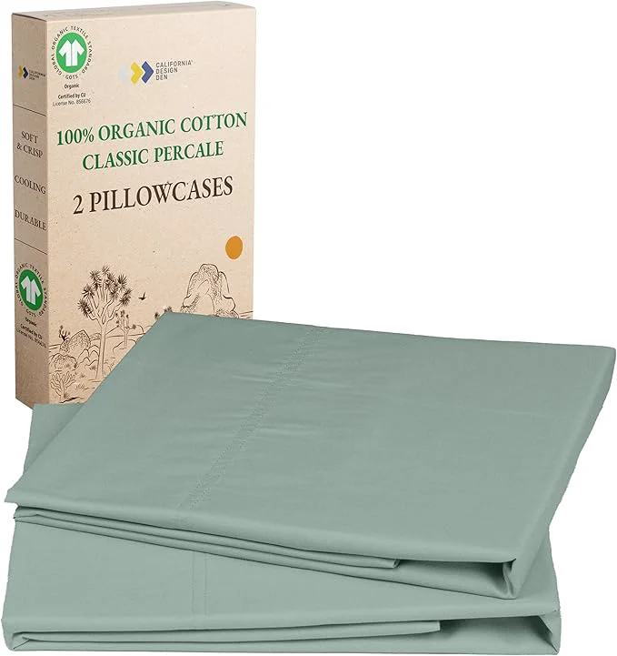 Detailed California Design Den King Pillow Cases Set of 2 – Soft Organic Cotton Crisp and Durable Percale Pillow Cases with Envelope Closure – Sage Green Pure