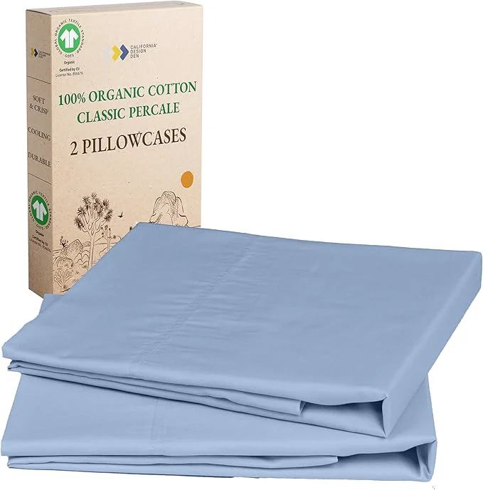 Selected California Design Den Soft Organic Cotton Pillow Cases Queen Size Set of 2 – Crisp and Breathable Percale Durable Pillowcases Standard Queen with Envelope Closure – Light Blue Versatile
