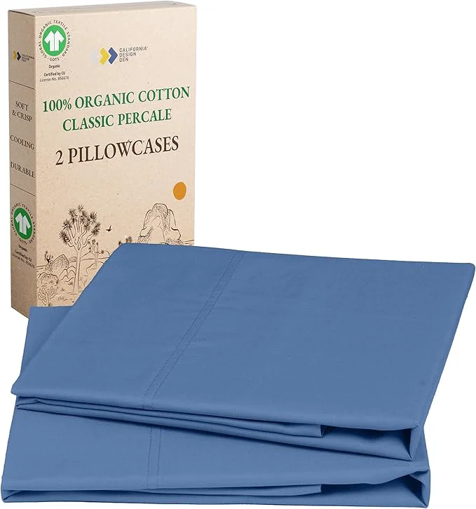 Clean California Design Den Pillow Cases Queen Standard – Soft Organic Cotton Crisp and Breathable Percale Durable Organic Pillow Cases with Envelope Closure – Riviera Blue Carefully Designed