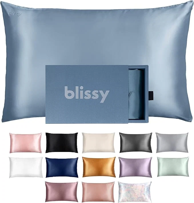 Organic Blissy Silk Pillowcase – Pure Mulberry Silk – 22 Momme 6A High-Grade Fibers – Silk Pillow Cover for Hair amp Skin – Regular Queen amp King Ash Blue Standard Lightweight