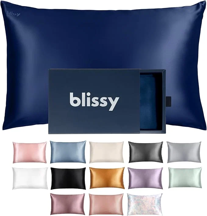 Traditional Blissy Silk Pillowcase – Pure Mulberry Silk – 22 Momme 6A High-Grade Fibers – Silk Pillow Cover for Hair amp Skin – Regular Queen amp King Blue King Specialty