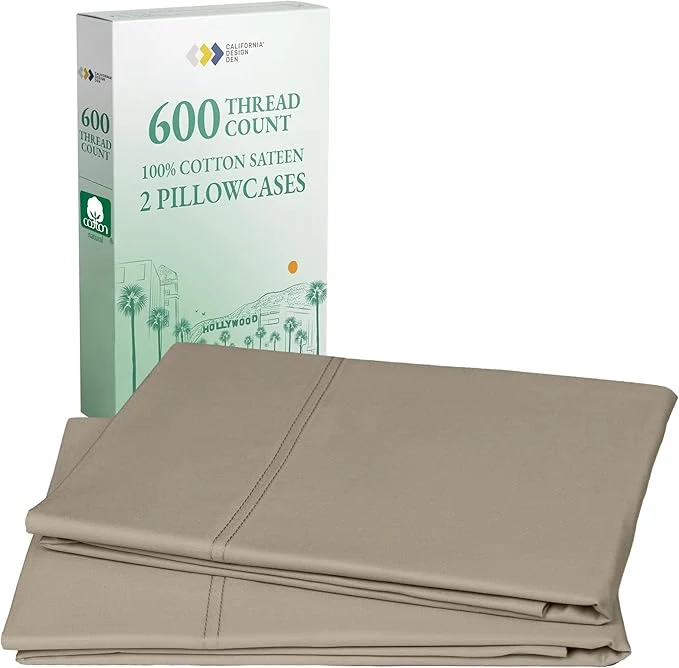 Refined CALIFORNIA DESIGN DEN Luxuriously Soft Hotel Quality 600 Thread Count Cotton Set of 2 Cases Crisp amp Cool Pillow Cases Queen Size Fits Standard amp Queen Pillows Taupe