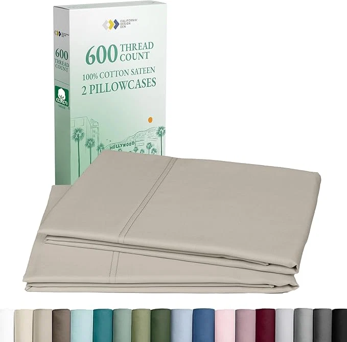 Smart California Design Den Premium King Size Pillowcases Set of 2-600 Thread Count Sateen Natural Cotton Pillowcases King Crisp Durable Bedding – Soft Linen Eco-Friendly