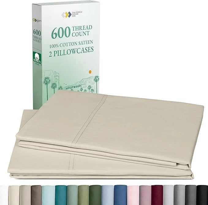 Genuine California Design DenPillow Cases Standard Size Set of 2-600 Thread Count Sateen Cotton Soft and Breathable Fits Standard and Queen Pillows – Beige Artisan