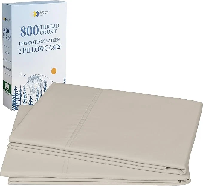 Genuine California Design Den Pillow Cases Standard Size Set of 2-800 Thread Count Sateen Natural Cotton Pillowcases Fits Standard amp Queen Pillows – Beige Selected