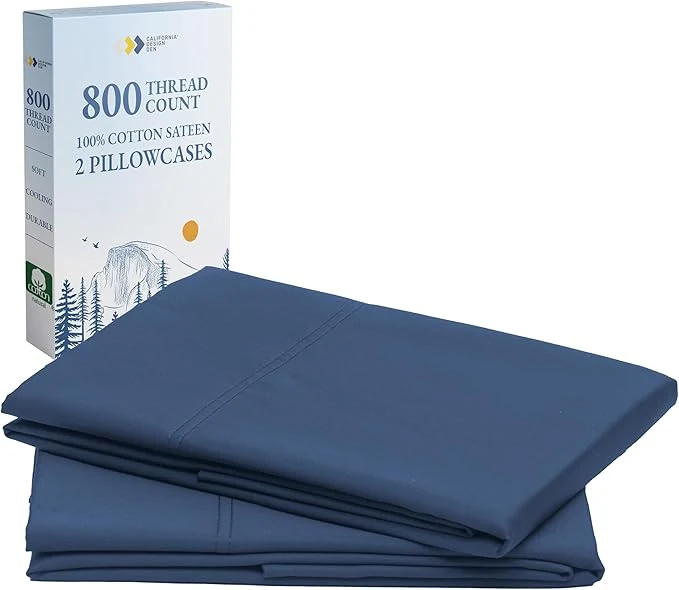 Professional California Design Den Natural Cotton Pillow Cases Queen Size Set of 2 – Luxuriously Soft and Thick 800 Thread Count Smooth Sateen Pillow Covers Queen Size Standard Size – Navy Blue Elite