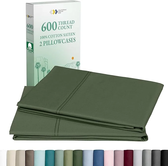 Efficient California Design Den King Size Pillowcase Set of 2 – Luxuriously Soft Premium 600 Thread Count Cotton Pillow Case Covers Crisp Sateen Fits King Pillows – Dark Olive Green Verified