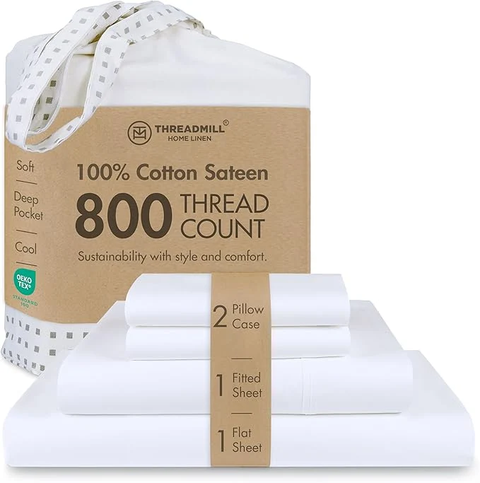 Fine Threadmill Luxury 800 Thread Count King Cotton Sheets – Hotel White Sateen Weave Bed-Sheets Better Than Egyptian Cotton 4 Pc Solid Soft Bed Set Fits 16 quot Deep Pocket