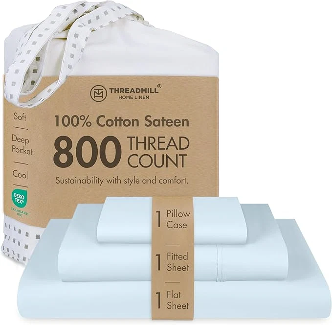 Advanced Threadmill Luxury 800 Thread Count Cotton Sheets – Light Blue Sateen Weave Twin Size Bed-Sheets Better Than Egyptian Cotton 3 Pc Solid Soft Bedding Set Fits 15 quot Deep Pocket Enhanced