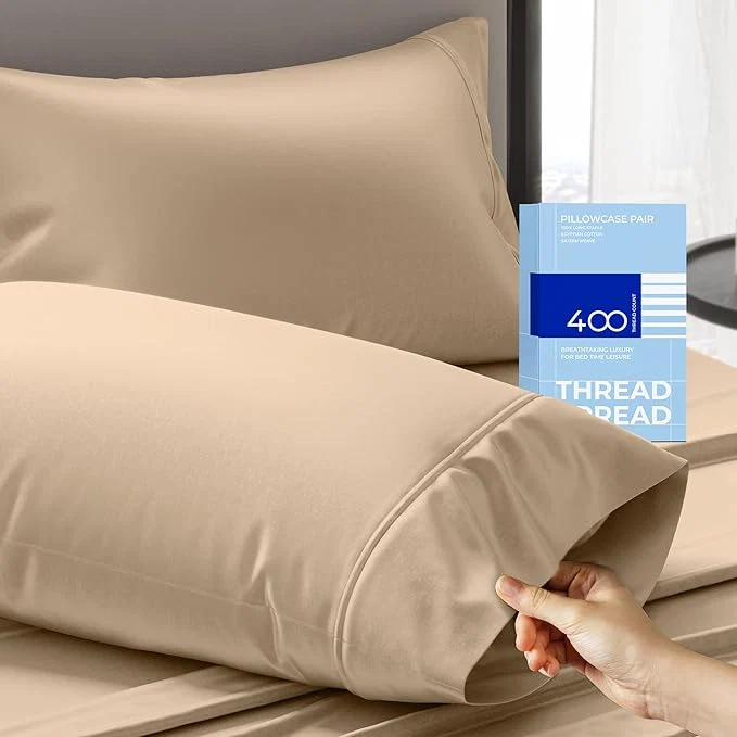 Artisan THREAD SPREAD Cotton Pillow Cases Queen Size Set of 2 – Luxury 400 Thread Count Queen Pillow Cases Taupe Soft Cooling Breathable Hotel Quality Cotton Pillowcases Fits Standard Pillows Contemporary