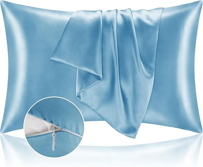 Eco-Friendly BEDELITE Satin Pillowcase with Zipper 2 Pack Blue Pillow Cases Standard Size Super Soft and Cooling Similar to Silk Pillow Cases Gift for Women Men 20×26 Inches Refined