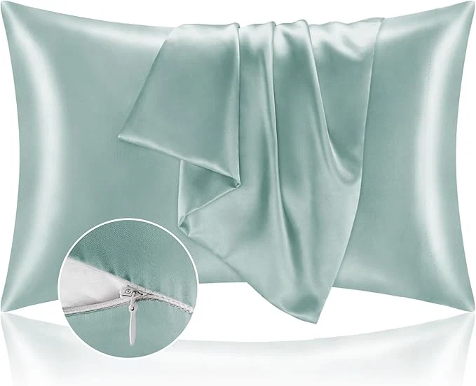 Safe BEDELITE Satin Pillowcase with Zipper Haze Blue King Size Pillow Cases Set of 2 Super Soft and Cooling Similar to Silk Pillow Cases Gift for Women Men 20×36 Inches Traditional