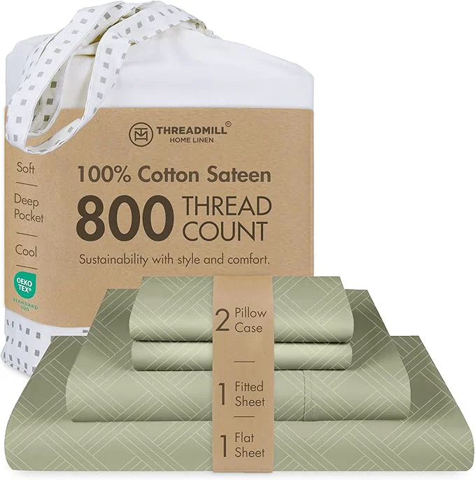 Traditional Threadmill Queen Sheet Set for Queen Mattresses 800 Thread Count Jacquard Celine Sage Green Better Than Egyptian Cotton 4 Pc Bed Sheets Elasticized Deep Pocket Cotton Sheets Soft