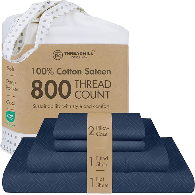 Quality Threadmill California King Size Sheets 800 Thread Count Jacquard Folkstone Blue 4 Piece Striped Bed Sheets Extra Long Staple Cotton Sheets Luxury Damask Sheet with Elasticized Deep Pocket Next-Generation