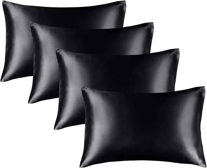 Safe BEDELITE Satin Pillowcase for Hair and Skin Super Soft Similar to Silk Pillow Cases 4 Pack with Envelope Closure Cooling Pillowcases for Women Men 20 quot x30 quot Queen Size Black Solid