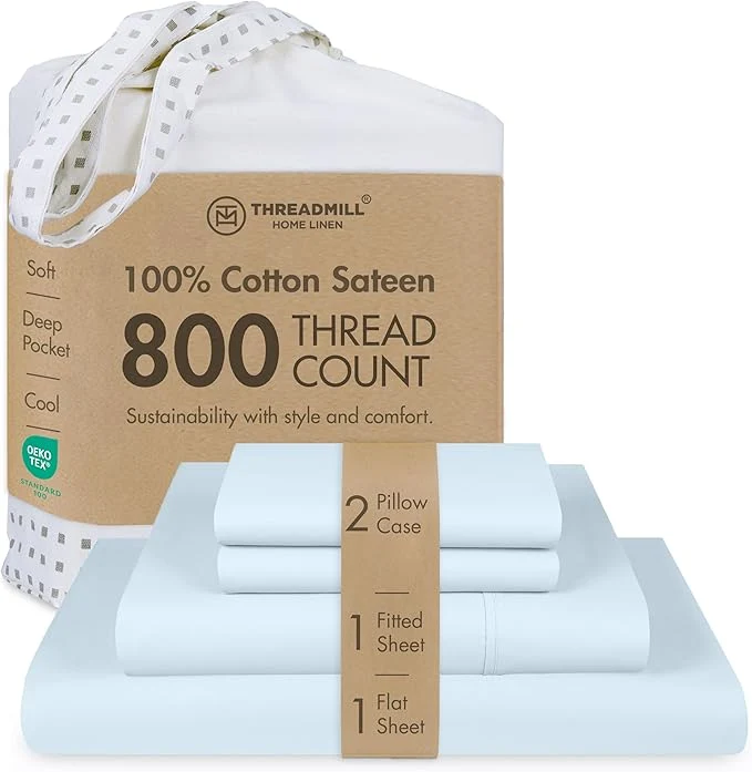 Trendy Threadmill Luxury 800 Thread Count California King Cotton Sheets – Light Blue Sateen Weave Bed-Sheets Better Than Egyptian Cotton 4 Pc Solid Bedding Set Fits 16 quot Deep Pocket Prestigious