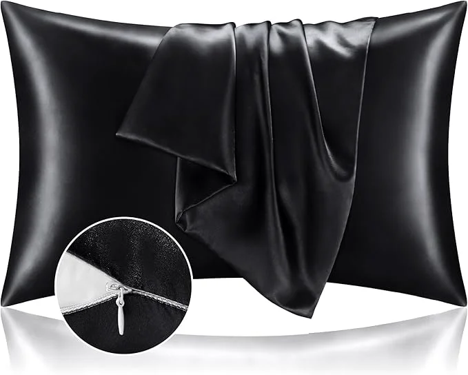 Specialty BEDELITE Satin Pillowcase with Zipper 2 Pack Black Pillow Cases Standard Size Super Soft and Cooling Similar to Silk Pillow Cases Gift for Women Men 20×26 Inches High-End