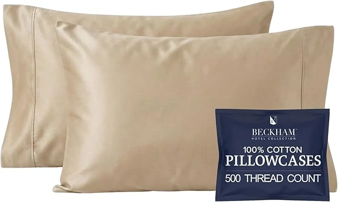 Elegant Beckham Hotel Collection Pillowcases Queen Size Set of 2 Cool Touch Cotton Sateen Fabric 500TC Silky Smooth amp Soft Open End Sand Contemporary