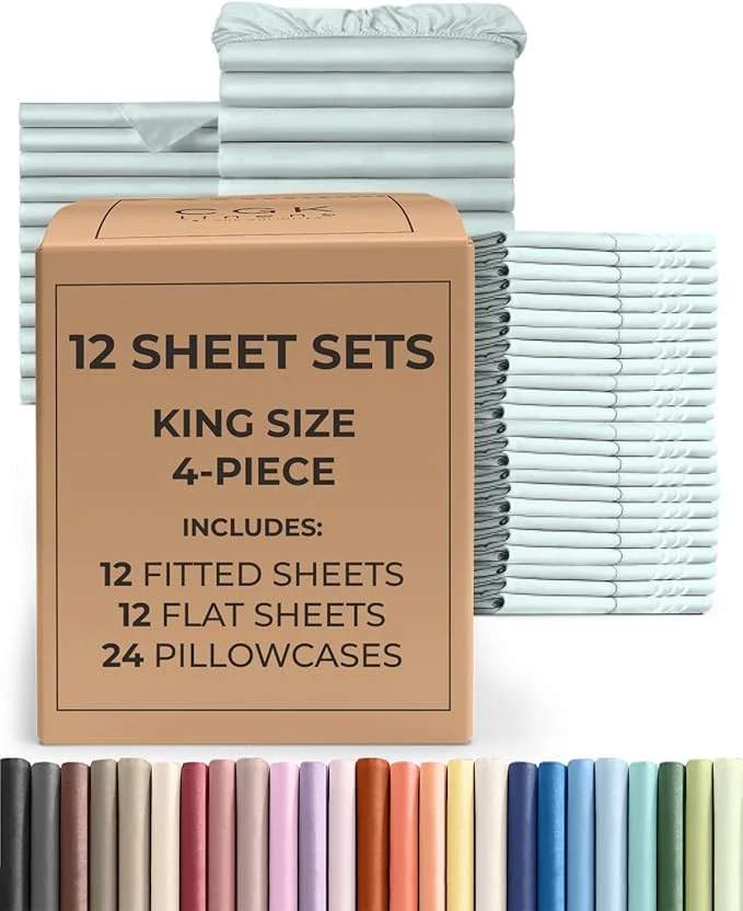 Trusted Bulk Case Pack of 12 Sheet Sets – 12 Complete King Size Sheet Sets with Deep Pockets – Whole Bulk Bedding for Hotels Spas amp Airbnbs – Breathable Cooling Soft amp Wrinkle – King Ice Blue Organic