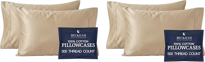 Authentic Beckham Hotel Collection Cotton Pillowcases Standard Queen 500TC Sateen Finish Open End Breathable Moisture-Wicking Sand 4 Pieces Trusted