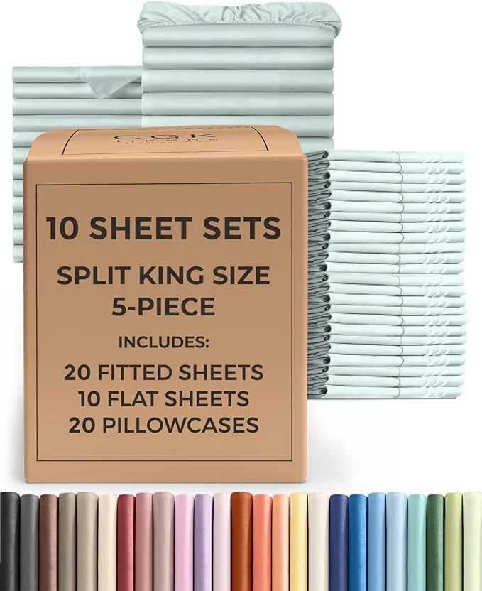 Sophisticated Bulk Case Pack of 10 Sheet Sets – 10 Complete Split King Size Sheet Sets w Deep Pockets – Whole Bulk Bedding for Hotels Spas amp Airbnbs – Breathable and Wrinkle – Split King Ice Blue Unique