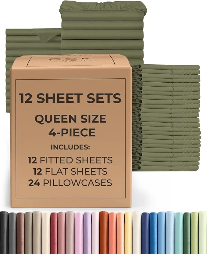Sustainable Bulk Case Pack of 12 Sheet Sets – 12 Complete Queen Size Sheet Sets with Deep Pockets – Whole Bulk Bedding for Hotels Spas amp Airbnbs – Breathable Cooling amp Wrinkle – Queen Sage Green Exceptional