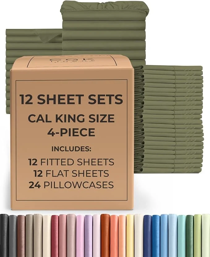 Verified Bulk Case Pack of 12 Sheet Sets – 12 Complete Cal King Size Sheet Sets w Deep Pockets – Whole Bulk Bedding for Hotels Spas amp Airbnbs – Breathable Soft amp Wrinkle – Cal King Sage Green Official