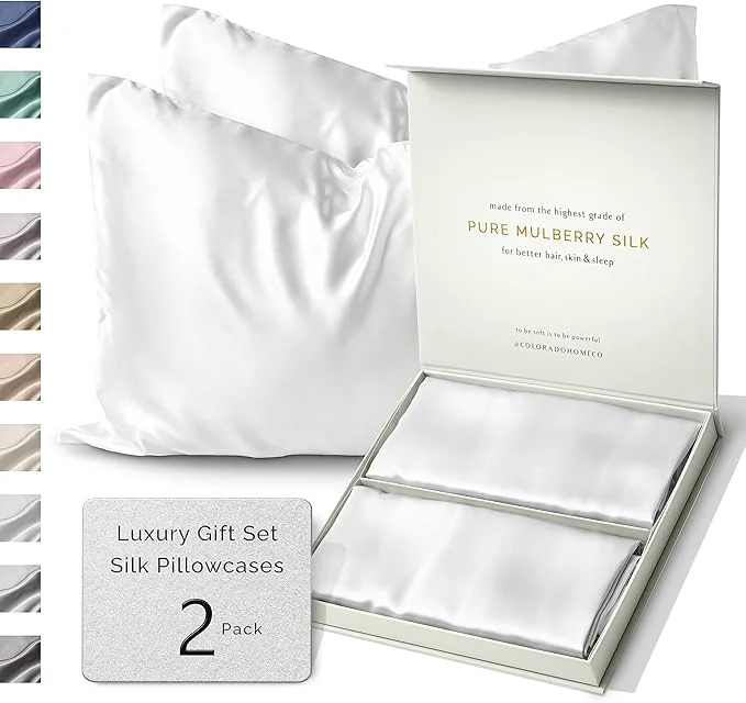 Fine SUNDAYSILKS™ Silk Pillow Cases 2 PACK 22 Momme Mulberry Silk Pillowcase Set of 2 Standard Queen King Size All Sides Pure Silk Slip Pillowcase Bliss for Women Men with Zipper Pure White Unique