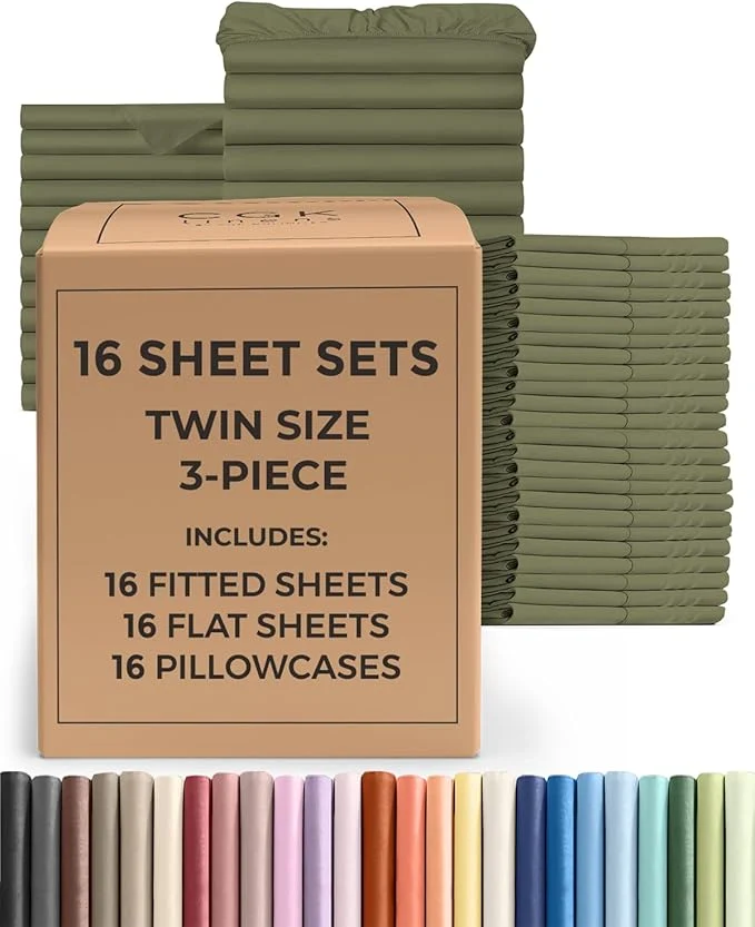 Efficient Bulk Case Pack of 16 Sheet Sets – 16 Complete Twin Size Sheet Sets with Deep Pockets – Whole Bulk Bedding for Hotels Spas amp Airbnbs – Breathable Cooling and Wrinkle – Twin Sage Green Safe