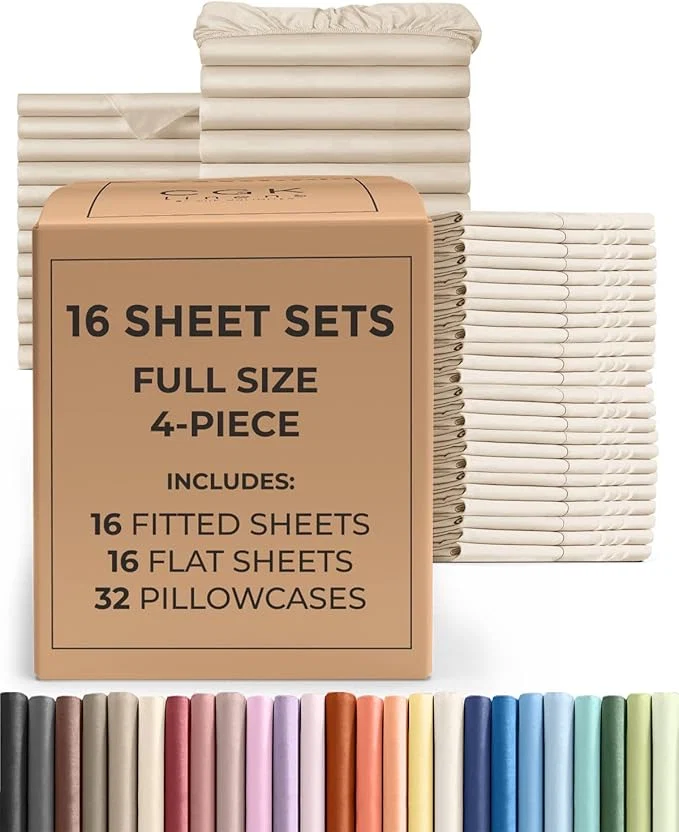 World-Class Bulk Case Pack of 16 Sheet Sets – 16 Complete Sheet Sets – Bulk Full Bedding – Whole Case Pack for Hotels Spa amp Airbnbs – Deep Pocket Fade amp Wrinkle – Cooling amp Breathable – Full Cream Next-Generation