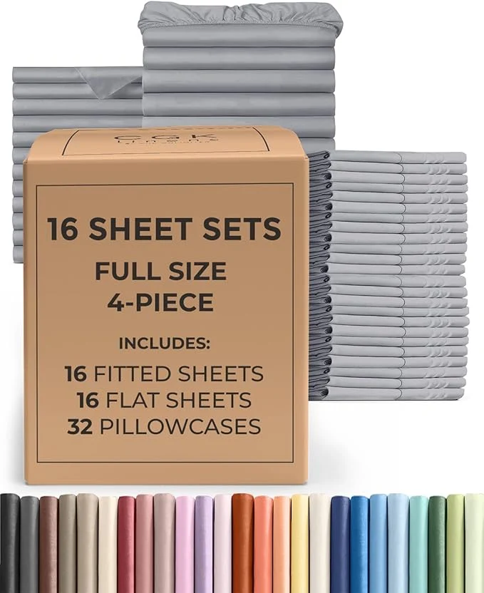 Convenient Bulk Case Pack of 16 Sheet Sets – 16 Complete Full Size Sheet Sets with Deep Pockets – Whole Bulk Bedding for Hotels Spas amp Airbnbs – Breathable Cooling and Wrinkle – Full Steel Blue High-Quality
