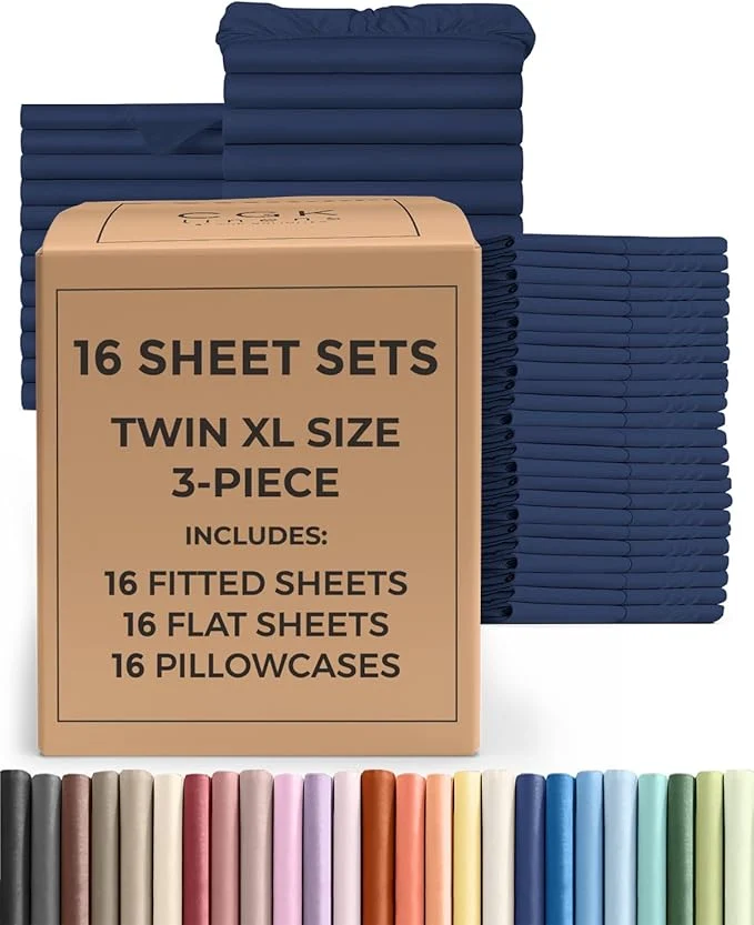 Trendy Bulk Case Pack of 16 Sheet Sets – 16 Complete Twin XL Size Sheet Sets w Deep Pockets – Whole Bulk Bedding for Hotels Spas amp Airbnbs – Breathable Cooling amp Wrinkle – Twin XL Navy Blue Certified