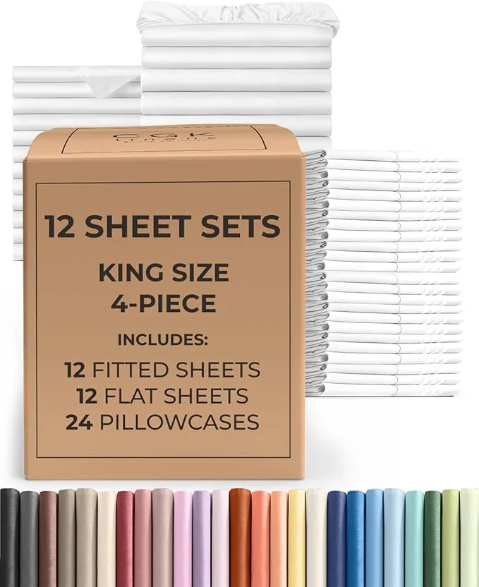 Trusted Bulk Case Pack of 12 Sheet Sets – 12 Complete King Size Sheet Sets with Deep Pockets – Whole Bulk Bedding for Hotels Spas amp Airbnbs – Breathable Cooling Soft amp Wrinkle – King White Lightweight