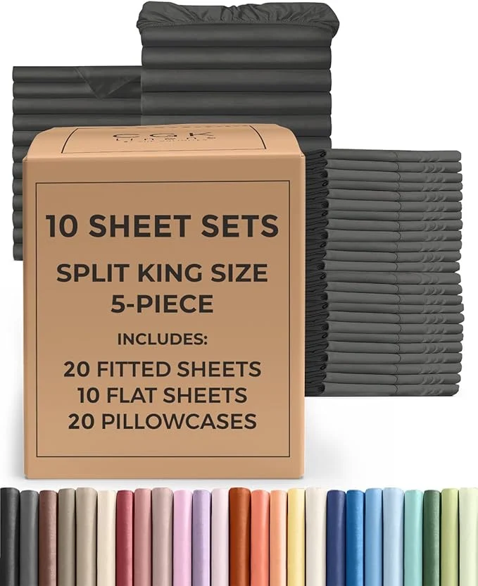 Top-Quality Bulk Case Pack of 10 Sheet Sets – 10 Complete Split King Size Sheet Sets w Deep Pockets – Whole Bulk Bedding for Hotels Spas amp Airbnbs – Breathable and Wrinkle – Split King Charcoal Exclusive