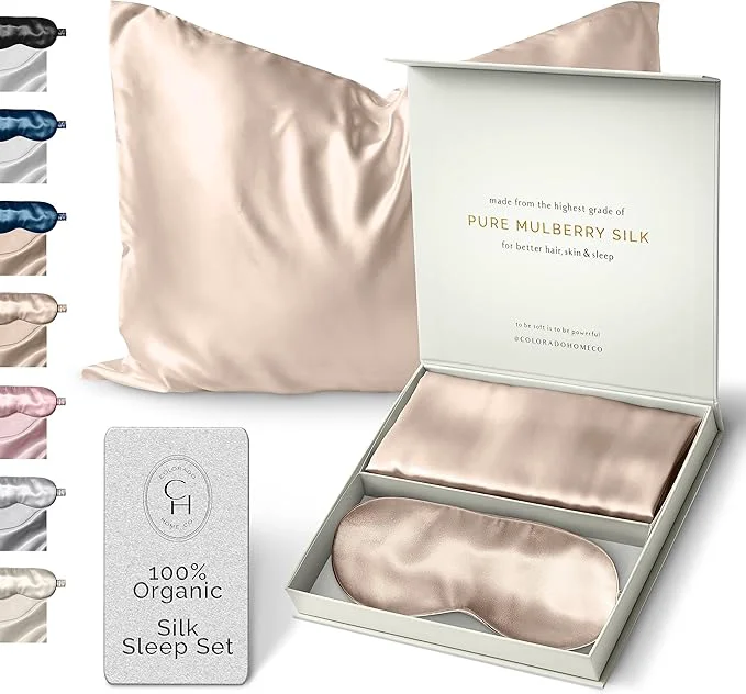 Fine Crafted Colorado Home Co Silk Pillowcase for Hair and Skin – Nude Champagne Queen Size Silk Pillow Covers – 20×30 – Pillow Case for Acne with Eye Mask for Sleeping Reusable