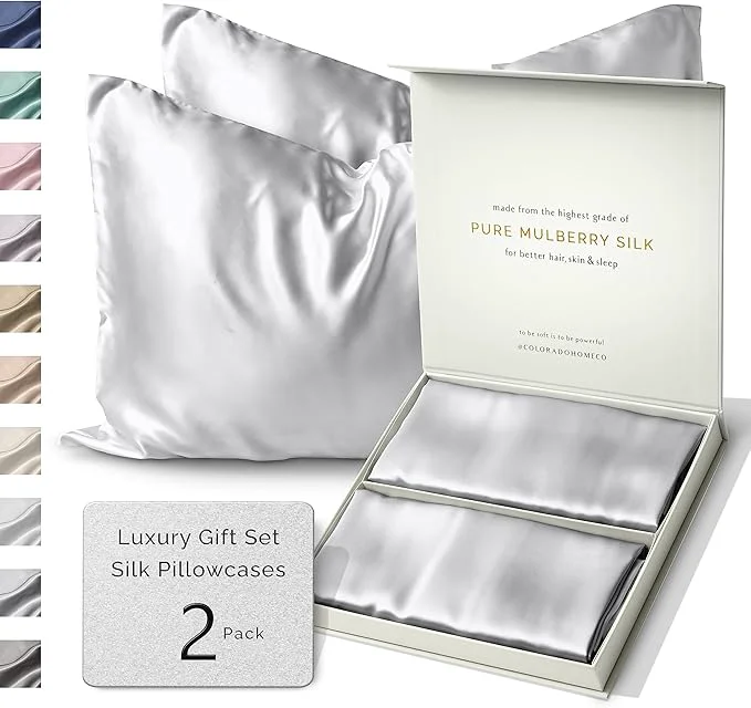 Flexible SUNDAYSILKS™ Silk Pillow Cases 2 Pack 22 Momme Mulberry Silk Pillowcase Set of 2 All Sides Pure Silk Slip Pillowcases Bliss for Couples Zipper Standard Queen King Size Silver Quartz High-End