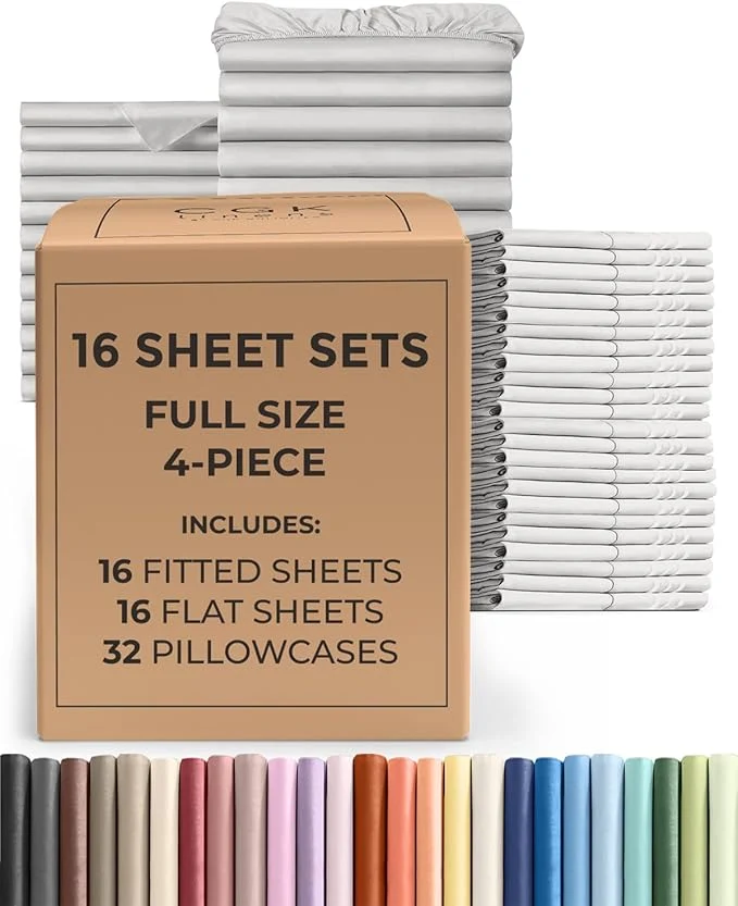 Eco-Friendly Bulk Case Pack of 16 Sheet Sets – 16 Complete Full Size Sheet Sets with Deep Pockets – Whole Bulk Bedding for Hotels Spas amp Airbnbs – Breathable Cooling amp Wrinkle – Full French Grey Casual