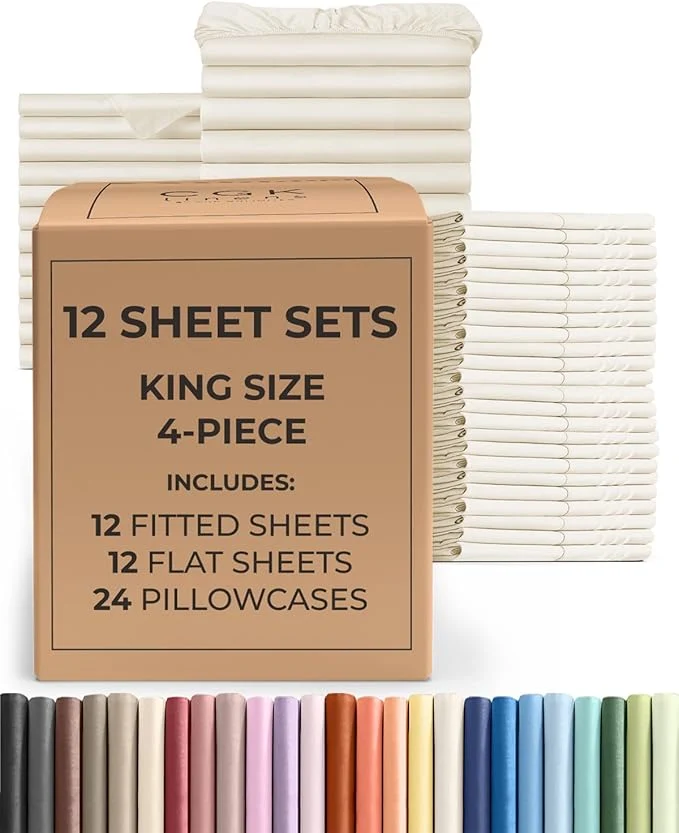 Unique Bulk Case Pack of 12 Sheet Sets – 12 Complete King Size Sheet Sets w Deep Pockets – Whole Bulk Bedding for Hotels Spas amp Airbnbs – Breathable Cooling Soft amp Wrinkle – King Off White Exclusive
