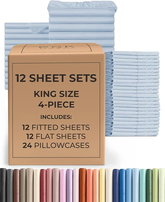 Trusted Bulk Case Pack of 12 Sheet Sets – 12 Complete King Size Sheet Sets with Deep Pockets – Whole Bulk Bedding for Hotels Spas amp Airbnbs – Breathable Cooling Soft amp Wrinkle – King Sky Blue Smart