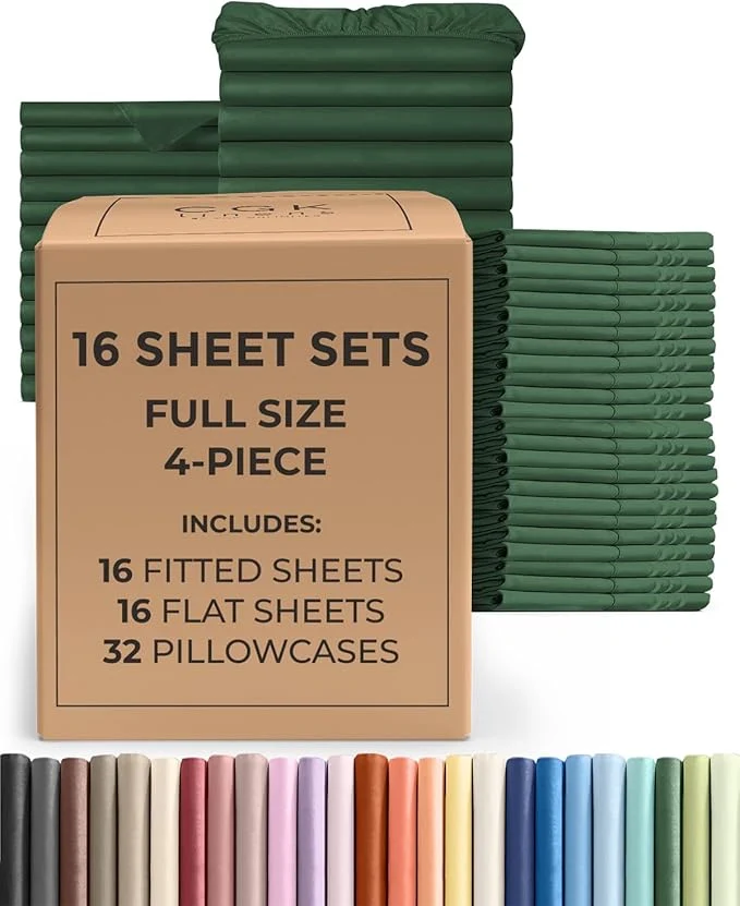 Verified Bulk Case Pack of 16 Sheet Sets – 16 Complete Full Size Sheet Sets with Deep Pockets – Whole Bulk Bedding for Hotels Spas amp Airbnbs – Breathable Cooling amp Wrinkle – Full Emerald Green High-End