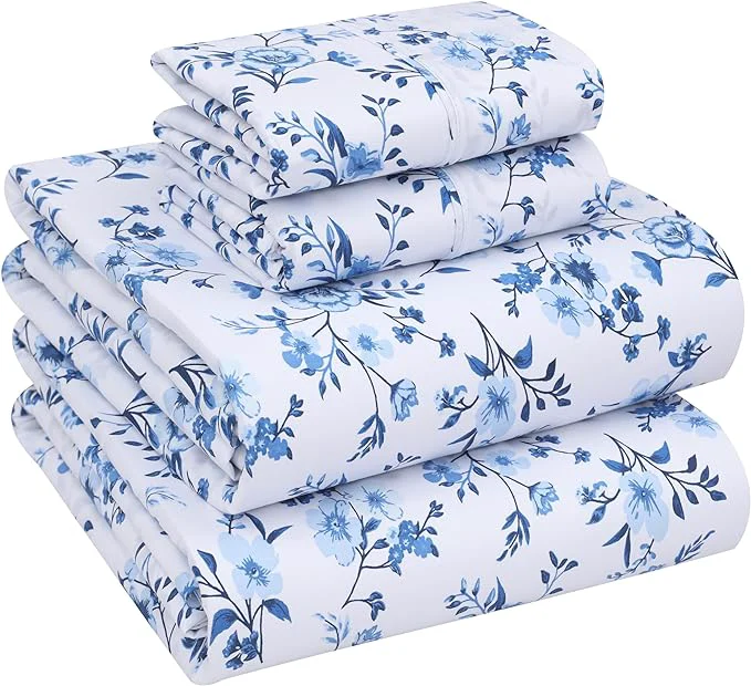 Certified RUVANTI Cotton Sheets – King Size Percale Bedding Cooling amp Breathable Floral Design Durable with a Crisp Soft amp Comfortable Feel 16 quot Deep Pocket 4-Piece Set Annual Proven