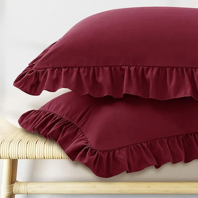 Traditional KKJIAF Ruffle Pillow Cases Standard Size Set of 2 Ruffled Pillow Covers with Envelope Closure Wrinkle Resistant Ruffled Pillow Shams 20 quot x 26 quot Burgundy Efficient