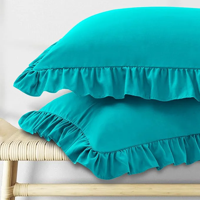 Trendy KKJIAF Ruffle Pillow Cases King Size Set of 2 Ruffled Pillow Covers with Envelope Closure Wrinkle Resistant Ruffled Pillow Shams 20 quot x 36 quot Teal Enhanced