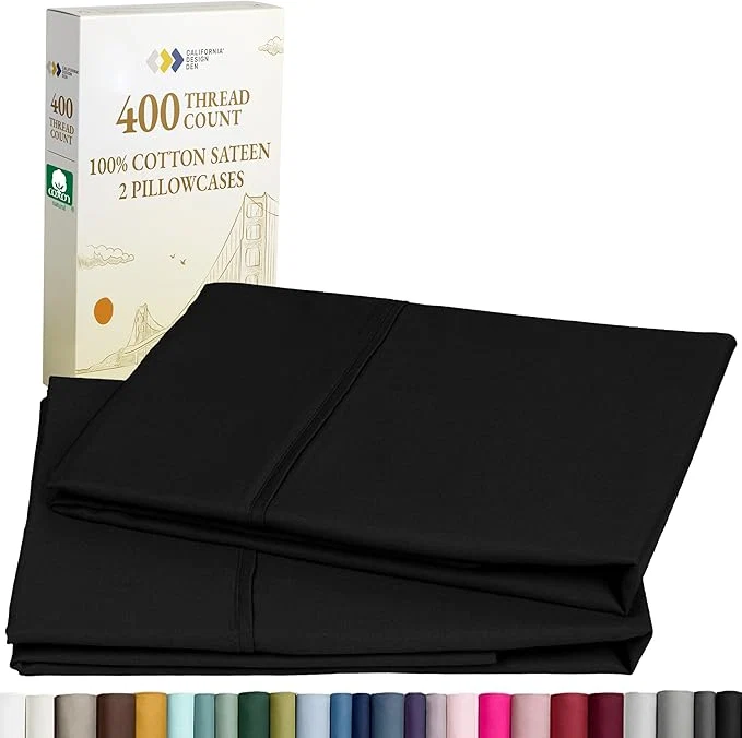 First-Class California Design Den King Size Pillowcase Set – 400 Thread Count Cotton Sateen Set of 2 Pillow Covers Soft and Breathable – Black Smart
