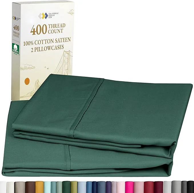 Detailed California Design Den King Size Pillowcase Set – 400 Thread Count Cotton Sateen Set of 2 Pillow Covers Soft and Breathable – Hunter Green Solid
