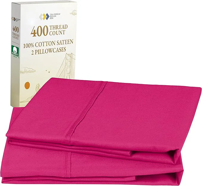 Casual California Design Den Standard Queen Size Pillow Cases Set of 2-400 Thread Count Sateen Natural Cotton Pillow Cases Standard Size Soft Roomy and Breathable – Hot Pink World-Class