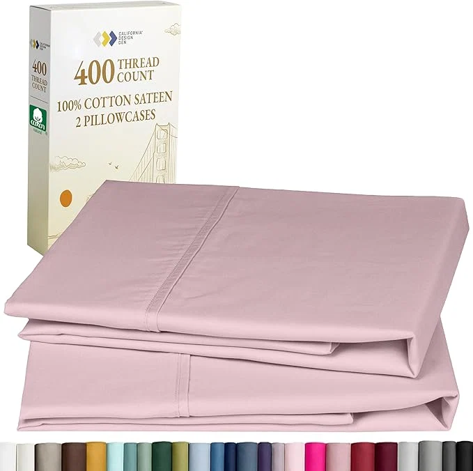 Secure California Design Den Standard Queen Size Pillowcase Set – 400 Thread Count Cotton Sateen Set of 2 Pillow Covers Soft and Breathable – Pink Durable